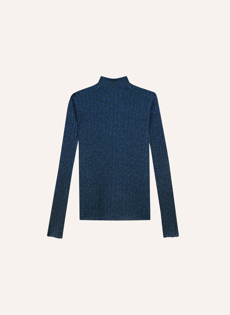 Pull à lurex bleu et col montant et manches longues coupe droite femme automne hiver