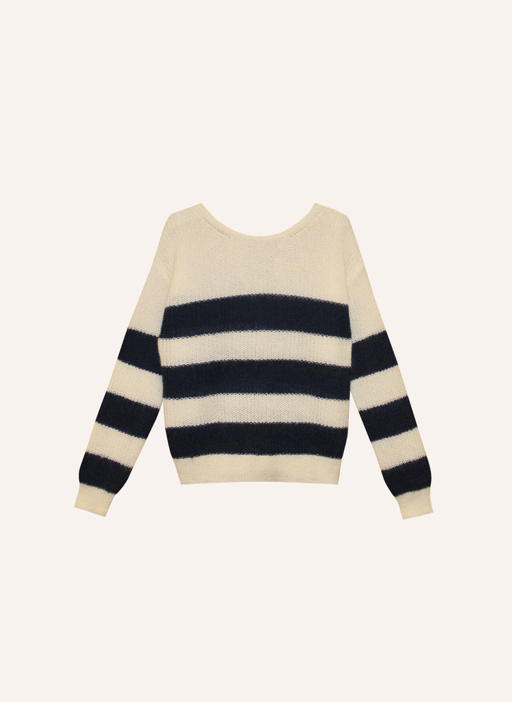 Pull beige à rayures marine avec tresse et col V dans le dos coupe ample femme hiver