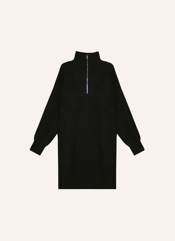 Robe en maille coloris noir avec encolure camionneur robe zippée coupe ample femme hiver