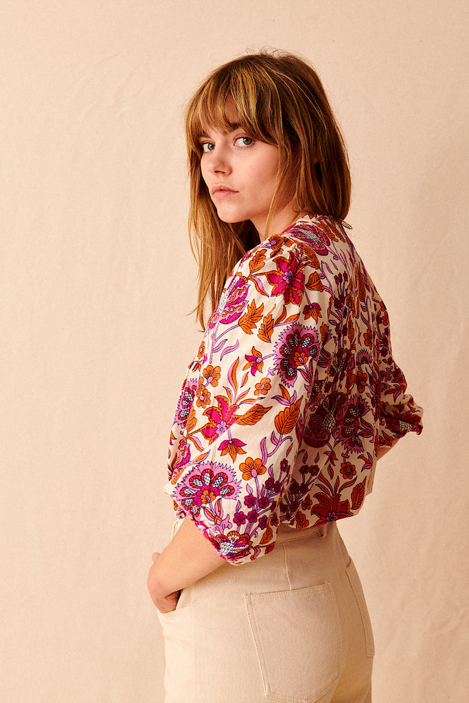 Blouse ample en coton motif à fleurs avec manches 3/4 bouffante garance paris vêtement femme 