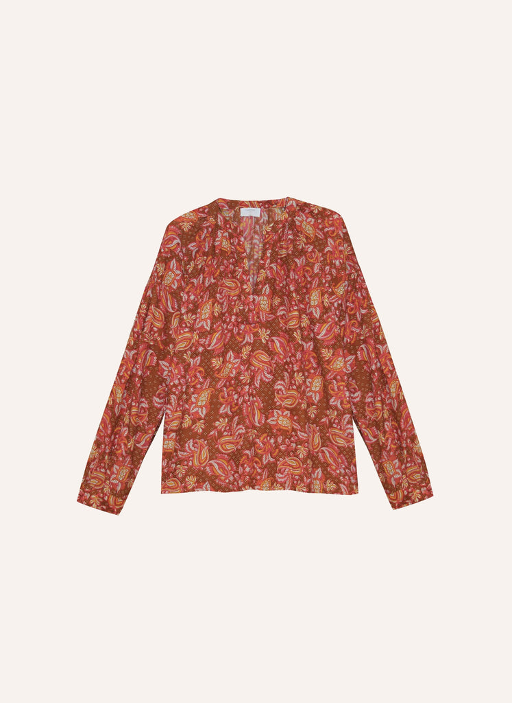 Blouse imprimée avec manches longues boutonnées col V et emmanchure raglan vêtement femme 